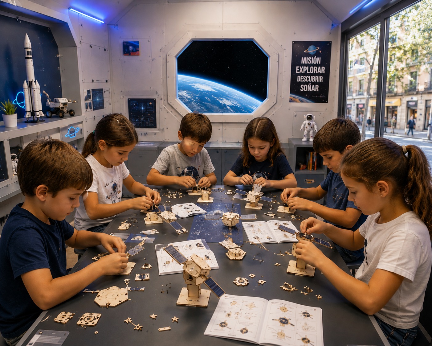 Taller Spacearth_Studio — niños construyendo modelos tecnológicos